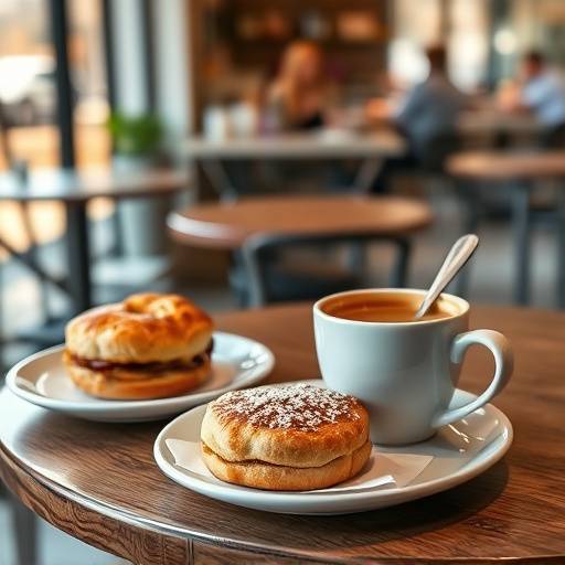 A beautifully styled image of a cup of coffee and pastries on a café table, enticing viewers with its warmth.