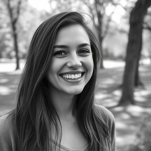 A candid black and white photograph of a smiling woman in a park setting.