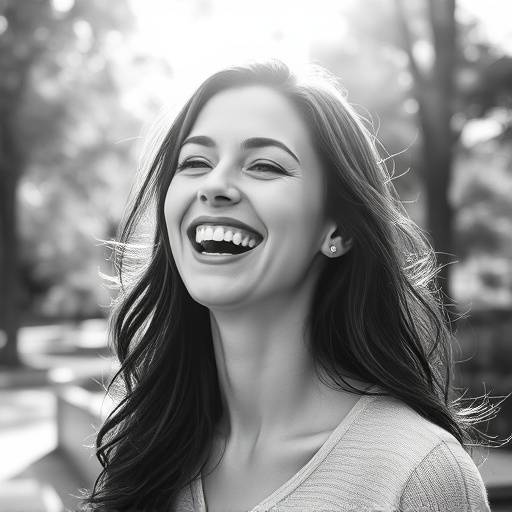 A candid black and white portrait of a woman laughing joyfully in a sunlit park.