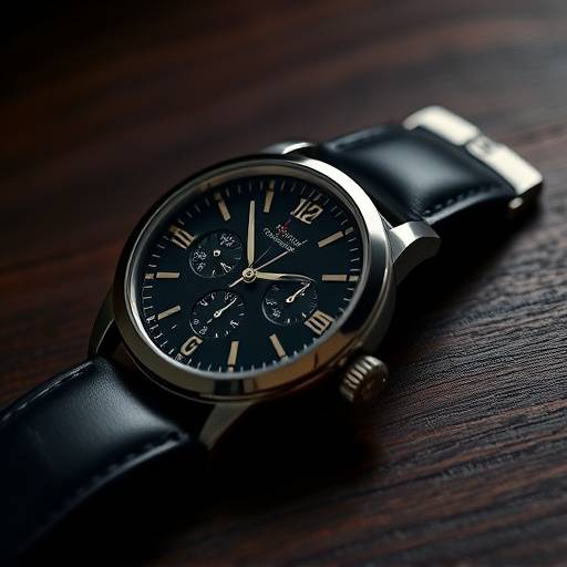 A detailed close-up of a luxury watch on a dark wood table, highlighting its craftsmanship.