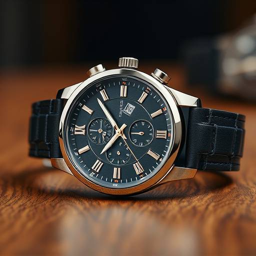 A meticulously staged photograph of a luxury watch on a wooden table, highlighting its intricate details.