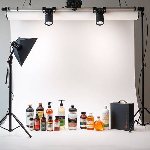 A professionally lit studio setup featuring a product photography shoot with various lights and equipment.