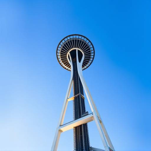 A striking photograph of the Space Needle in Seattle, angled upwards against a clear blue sky.
