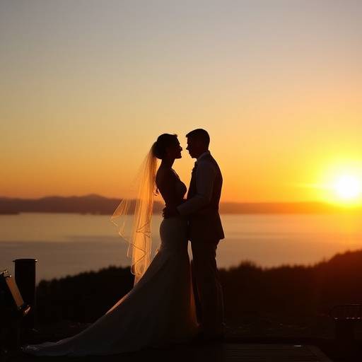A stunning outdoor wedding ceremony at sunset, overlooking Puget Sound in Seattle.