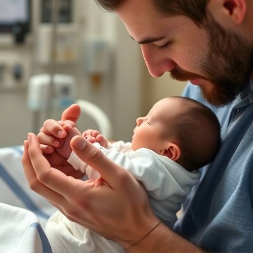 A touching moment of a father tenderly holding his newborn baby's hand in the hospital.