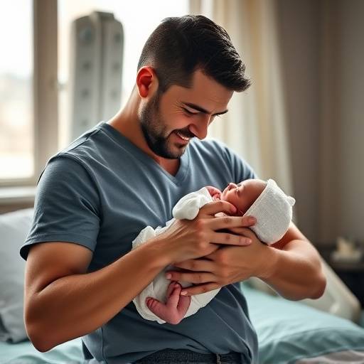 A touching photograph of a father holding his newborn baby during a hospital visit.