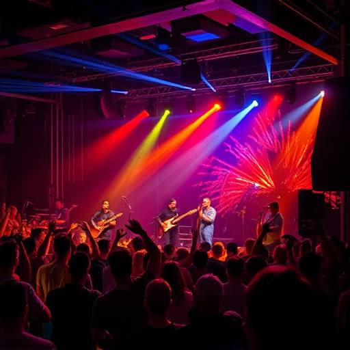 A vibrant photograph of a crowded concert venue with a band performing on stage, illustrating dynamic event photography.