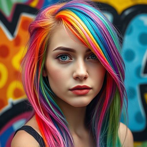 A vibrant portrait of a young woman with rainbow-colored hair against a graffiti art background.