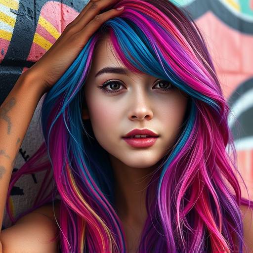 A vibrant portrait of a young woman with colorful hair, set against a graffiti-covered wall.
